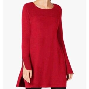 Alfani Womens Medium Ribbed Crew Neck/Cuffs Long Tunic Decorative Zippers Red